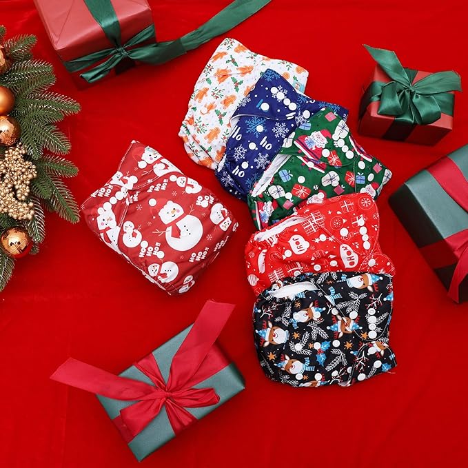 ALVABABY Christmas Baby Cloth Diaper 6 Pack with 12 Inserts One Size Cloth Diaper Covers Adjustable Washable Reusable for Baby Girls and Boys