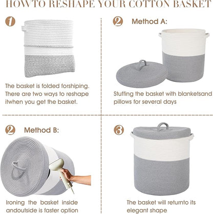 Large Storage Basket with Lid 60L, 16"Wx18"H Woven Laundry Hamper Basket with Handle, Room Decor Cotton Rope Wicker Basket Toy Organizer Bins for Clothes Blankets Pillows, Gray/White Mix includes Lid