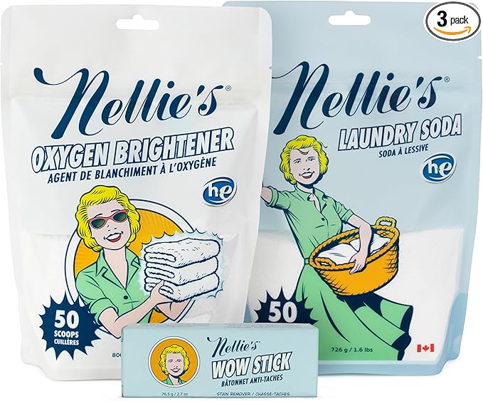 Nellie’s Complete Laundry Bundle – Concentrated Laundry Soda (50 Loads), Oxygen Brightener (50 scoops) & WOW Stick Stain Remover
