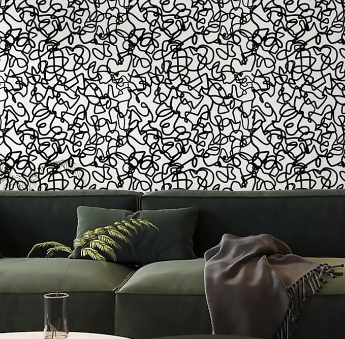 Ismoon 17.3"X196" Unique Black and White Peel and Stick Wallpaper Scribbles Wallpaper Modern Black Contact Paper Thickened Removable Self-Adhesive Wall Paper for Home Decoration Vinyl Film Roll