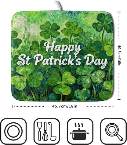 St Patricks Day Lucky Clover Dish Drying Mat for Kitchen Counter 16x18 Green Shamrock Happy Holiday Theme Absorbent Reversible Microfiber Drying Mats Kitchen Countertop Protector Dishes Drainer Pad