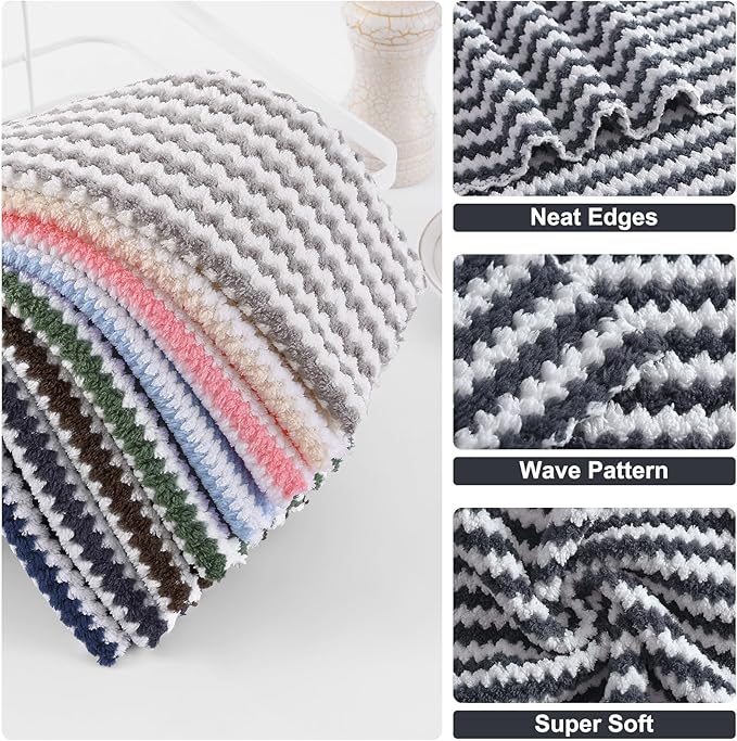Homaxy 24 Pack Kitchen Dish Cloths, Ultra Soft and Absorbent Dish Towels, Reusable Fast Drying Microfiber Cleaning Cloth, Coral Velvet Wave Design No-lint, 10 x 10 inches, Dark Grey