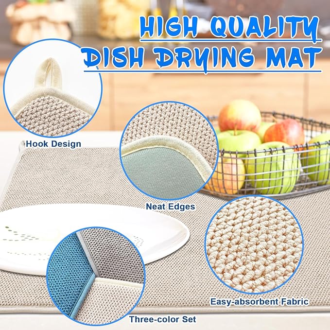 3 Pack XXL Dish Drying Mats,24×17" Absorbent Microfiber Dishes Drainer Mats,Large Size Pads for Kitchen Counter,Coffee,Rack,Under Sink(Beige,Blue,Gray)