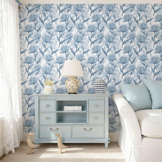 Heroad Blue Peel and Stick Wallpaper Boho Large Floral Contact Paper Modern Wall Paper Cabinets Waterproof Removable Self Adhesive Wallpaper for Bathroom Vinyl Roll 17.3"x393"