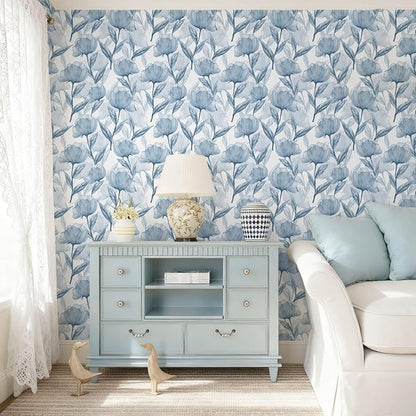 Heroad Blue Peel and Stick Wallpaper Boho Large Floral Contact Paper Modern Wall Paper Cabinets Waterproof Removable Self Adhesive Wallpaper for Bathroom Vinyl Roll 17.3"x393"