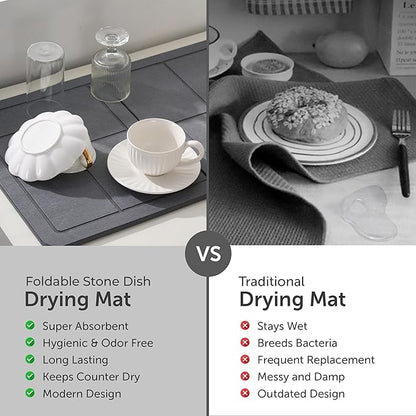 Large Stone Dish Drying Mat for Kitchen Counter, Dividable Quick Dry Stone Dishes Mats, Detachable Water Absorbing Diatomaceous Earth Drying Organizer Pad for Rack Bottles(Dark Gray 24"×16" & 8"x5")