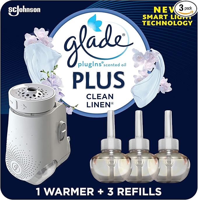 Glade PlugIns Plus Refills Air Freshener Starter Kit, Clean Linen, Scented and Essential Oils for Home and Bathroom, 0.67 Fl Oz, 1 Warmer + 3 Refills