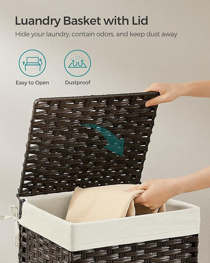 SONGMICS Storage Basket with Lid, Woven Blanket Storage Bin with Handles, Foldable, Removable Liner, Metal Frame, for Bedroom, Laundry Room, 9.2 Gallons (35 L), Brown URST040K01
