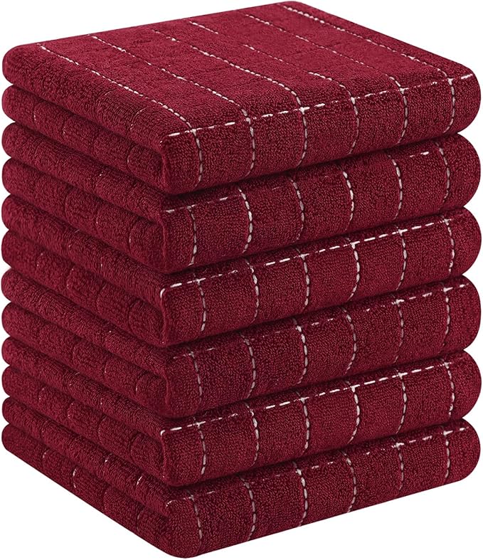 Homaxy 100% Cotton Terry Kitchen Towels(Brick Red, 13 x 28 inches), Checkered Designed, Soft and Super Absorbent Dish Towels, 6 Pack