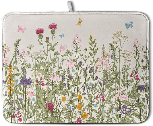 Wildflower Floral Dish Drying Mat for Kitchen Counter Vintage Rustic Flower Drying Mats Spring Summer Herb Plant Absorbent Microfiber Dishes Pad Washable Dish Draining Mat Extra Large 18"x24"