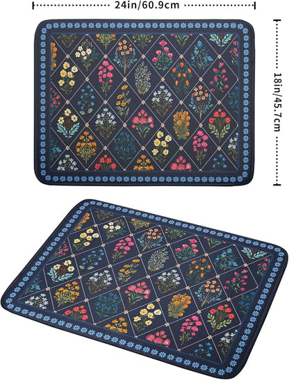 Lapis Blue Dish Drying Mat for Kitchen Counter Flowers Microfiber Absorbent Dish Draining Reusable Washable Large