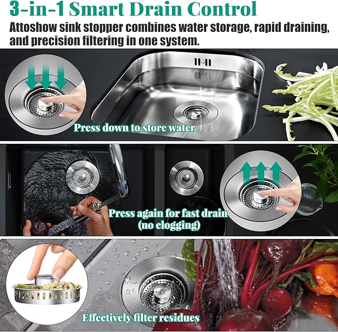 2PCS 3-in-1 Kitchen Sink Drain Strainer with Pop-Up sink stopper - 304 Stainless Steel Drain Filter & Anti-Clog Basket, Universal Fit for US Standard 3.5" Kitchen Drain
