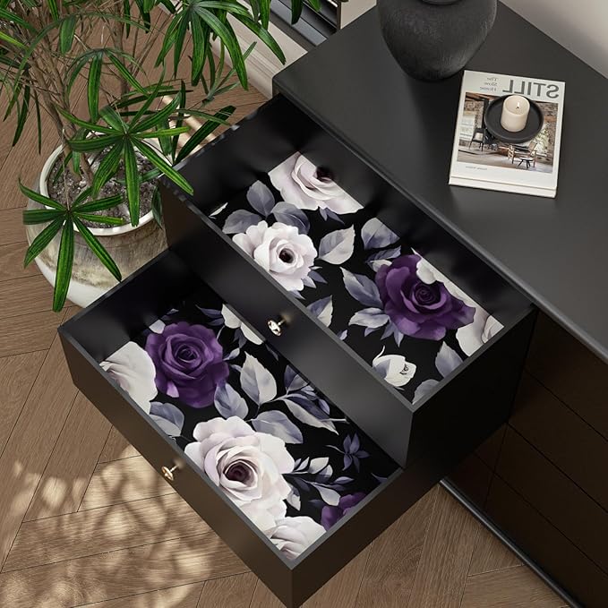 Black Foral Wallpaper Peel and Stick Purple White Rose Contact Paper 17.4" x 393", Dark Vintage Self-Adhesive Removable Flower Wall Paper for Bedroom Countertop Desk Cabinets Decor Renter Friendly