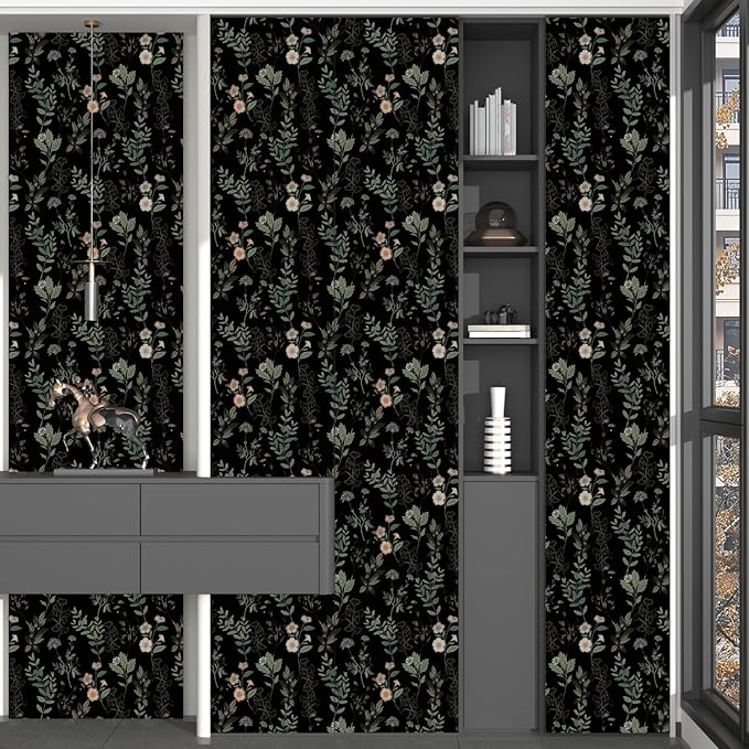 Fvlow Black Green Floral Wallpaper 17.4" x 394", Dark Green Leaf Contact Paper Peel and Stick Wallpapers Waterproof Self-Adhesive Wall Covering for Bedroom Countertop Desk Cabinets Decor