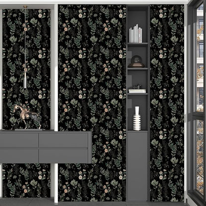 Fvlow Black Green Leaf Wallpaper Peel and Stick Vintage Taupe Green Floarl Contact Paper 17.4" X 118" Moody Wallpaper Waterproof Self-Adhesive Wall Covering for Bedroom Countertop Desk Cabinets Decor