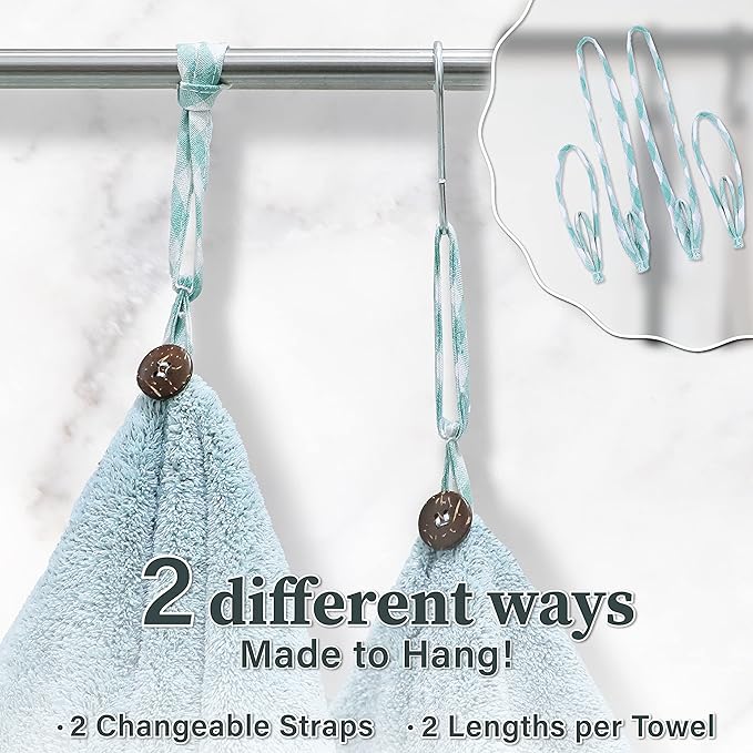 myHomeBody Hand Towels with Hanging Loops, Absorbent Charcoal Fiber Cleaning Clothes with Coconut Shell Button for Kitchen, Round Shape, Set of 2, Pine Green