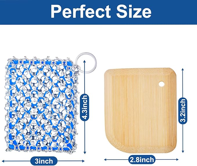 Cast Iron Scrubber - 316 Stainless Steel with Silicone Core, Bamboo Scraper, Perfect Cleaner Set for Cast Iron Pans, Skillets, Pots, Woks