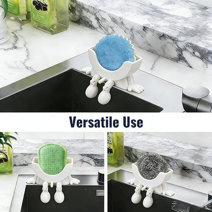 Cute Hanging Sponge Holder with Drainage,3D Printed Kitchen Funny Sponge Stand for Sink,with non-slip pads,Suitable for Scrub Daddy Holder,Keeps Your Sponge Dry Smiling (White)