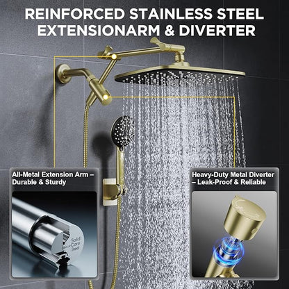 Veken 11.8" Rain Shower Head with Handheld, High Pressure Handheld Shower with Multi Spray Modes, Rainfall Combo with Metal Extension Arm, Detachable Dual Showerhead, Bathroom Decor, Gold