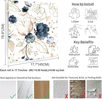 Navy Blue Floral Peel and Stick Wallpaper Self Adhesive Removable Thick Vinyl Watercolor Botanical Flower Gold Line Accent for Bedroom Bathroom Living Room Accent Wall 17.7" x 78.8"