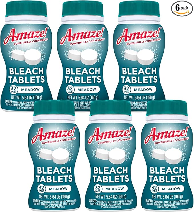 AMAZE Ultra Concentrated Bleach Tablets [6 bottles] - Meadow Scent - for Laundry, Toilet, and Multipurpose Home Cleaning. No Splash Liquid Bleach Alternative