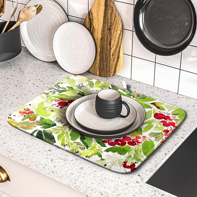 Watercolor Christmas Dish Drying Mat 16 x 18 Inch With Absorbent Reversible Microfiber Green Leaves Red Berry Xmas Drying Mats Winter Holiday Dish Drainer Mat Fast Dry For Kitchen Dining Room
