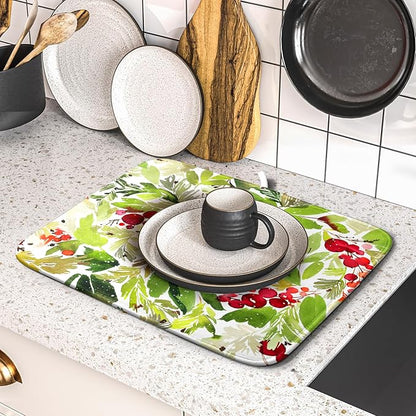 Watercolor Christmas Dish Drying Mat 16 x 18 Inch With Absorbent Reversible Microfiber Green Leaves Red Berry Xmas Drying Mats Winter Holiday Dish Drainer Mat Fast Dry For Kitchen Dining Room