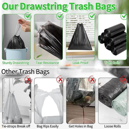 300 Count Small Drawstring Trash Bags for 2.6-Gallon (10 L) Trash Cans, Thick Pre-separated Garbage Bags, Mini Wastebasket can Liners for Bathroom Bedroom Office(Black)