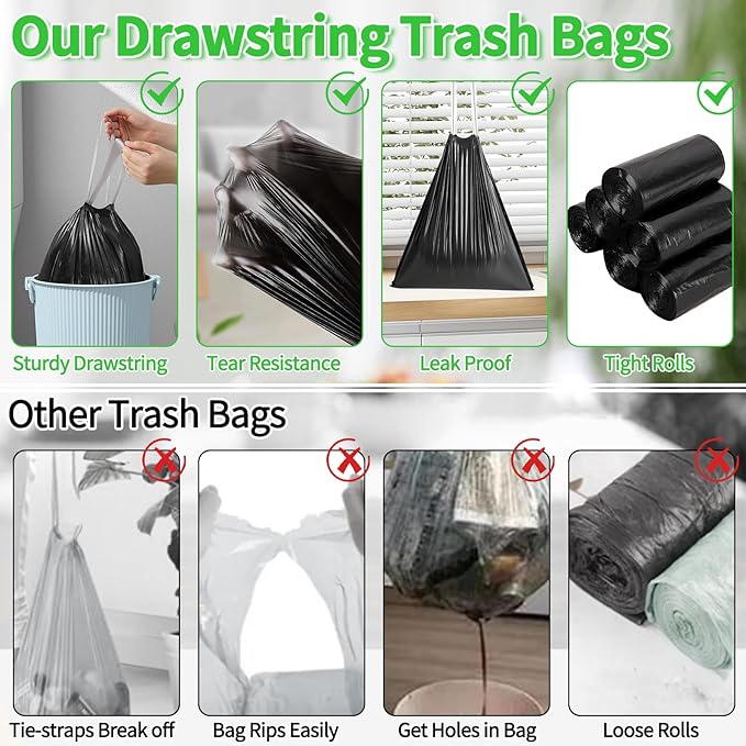 200 Count Small Drawstring Trash Bags for 4-Gallon (15 L) Trash Cans,Thick Pre-separated Garbage Bags, Mini Wastebasket can Liners for Bathroom Bedroom Office(Black)