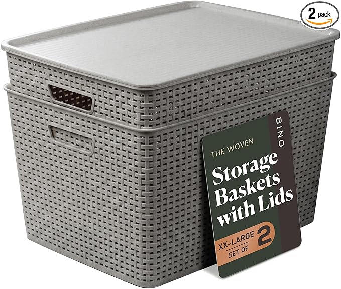 BINO | Plastic Storage Baskets with Lids, 45 Liter - 3 Pack, Natural Grey | THE WOVEN COLLECTION | Storage Basket for Shelves | Woven Storage Baskets for Organizing Bins | Pantry Shelf Organizer Bin