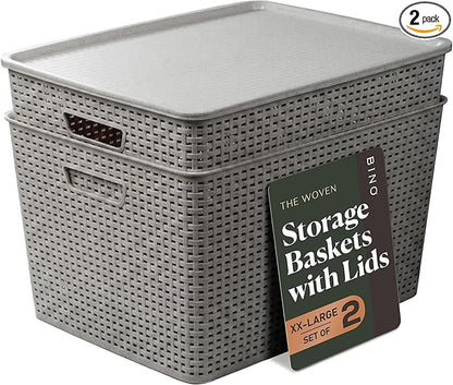 BINO | Plastic Storage Baskets with Lids, 45 Liter - 3 Pack, Natural Grey | THE WOVEN COLLECTION | Storage Basket for Shelves | Woven Storage Baskets for Organizing Bins | Pantry Shelf Organizer Bin