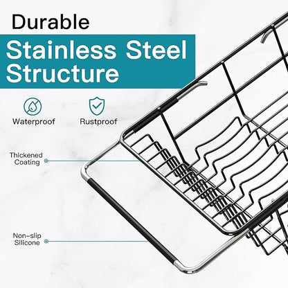 Dish Drying Rack Over the Sink In Stainless Steel Black Expandable Drainer for Small Kitchen, Counter Space Saving Compact Inside Sink Plate Dryer, Adjustable Hanging Metal Wire Strainer Drain Holder