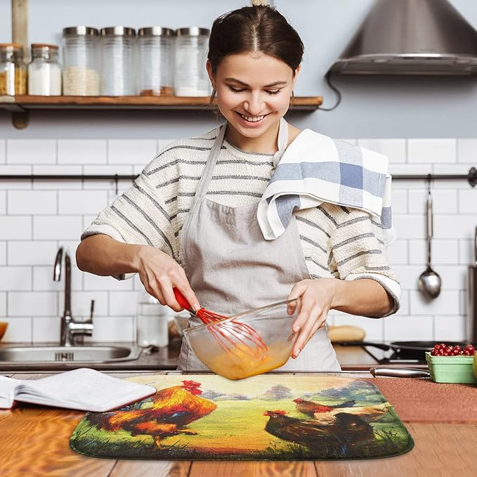 Sanwarm Absorbent Dish Drying Mat, Multicolor Oil Realistic Rooster Chickens Microfiber Pad for Kitchen Counter, Coffee Bar Decor, Heat Resistant and Reversible, 18" x 24"