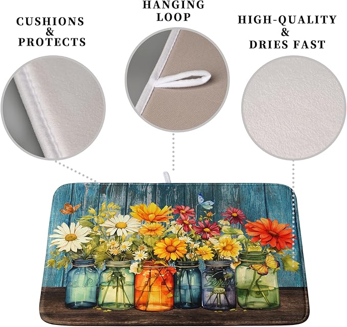 Daisy Dish Drying Mat for Kitchen Counter 16x18 Inch Rustic Vintage Flower Vases Drying Mats Microfiber Absorbent Dishes Drainer Mats Farmhouse Floral Wooden Board Dish Rack Pad