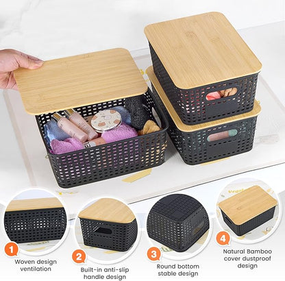 Plastic Storage Baskets With Bamboo Lid - Plastic Storage Containers Stackable Storage bins: Storage Baskets for Organizing Shelves Drawers Desktop Closet Playroom Classroom Office, 6 Pack