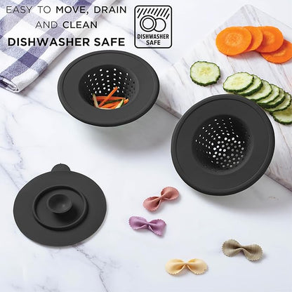 COOK WITH COLOR Kitchen Sink Strainer, Silicone, Flexible Sink Strainer, Sink Drain Strainer, 3 Pc Black