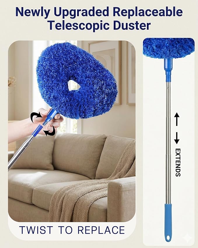 Dusters for Cleaning, 5-in-1 Dusters, Ceiling Fan Cleaner Duster with Extension Pole, Microfibe, Cobweb and Chenille Duster for Fans, Blubs, Cars, Blinds and Furniture