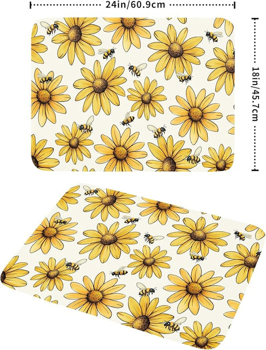 Spring Summer Dish Drying Mat of Kitchen Counter 18×24 Inch Floral Drainer Pad Sunflower Bee Dish Rack Pad Drainer Mat Washable Absorbent Reversible Microfiber for Coffee Bar
