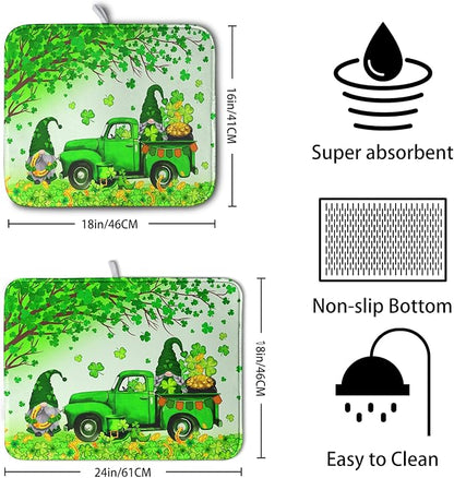 St Patricks Day Shamrock Drying Mat for Kitchen Counter Green Gnome Truck Dishes Drying Mat St. Patricks Day Spring Washable Dish Drying Pad Absorbent Microfiber Dishes Drainer Mats 16x18 Inch