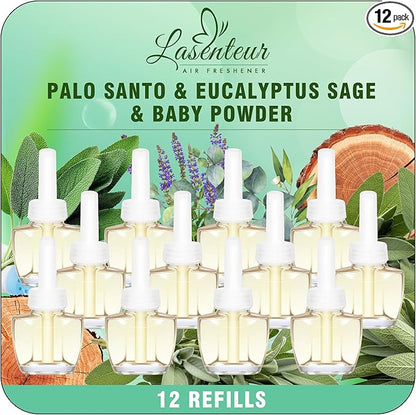 Plug In Air Freshener Refills for Home - Palo Santo & Eucalyptus Sage, Baby Powder Scent For Bedrooms & Bathrooms, 12 Count, 7.92 Fl Oz, Compatible with Air Wick & Glade, Not Include Glade Plus
