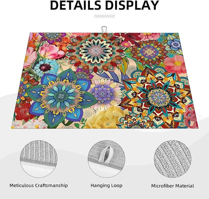 Boho Floral Dish Drying Mat for Kitchen Counter, 18 x 24 Inch Microfiber Dish Mats for Drying Dishes, Absorbent Dish Drying Pad Mandala Rack Mat Kitchen Decor Dish