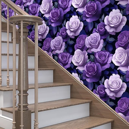 Purple Peel and Stick Wallpaper, Vintage Purple Rose Floral Pattern Wallpapers, Dark Romance Flower Self Adhesive Contact Paper Wall Decor for Bedroom Bathroom Drawer Bookshelf 17.5In x 9.8Ft