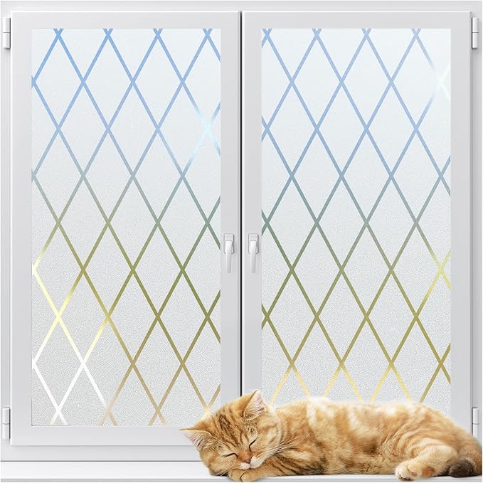 LUTE Frosted Glass Window Privacy Film, Static Cling Non-Adhesive Heat Control Window Cover, Removable Decorative Frosting Decals for Home Office, Lattice Pattern, 35.4" x 78.7"