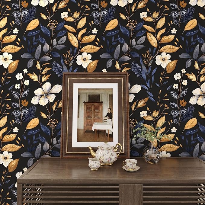 Laatse Vintage Dark Floral Wallpaper Peel and Stick Blue/Gold Leaf Wallpaper Waterproof Self Adhesive Removable Boho Wall Paper Modern for Bedroom Walls Drawer Cabinet 17.5in x 197in