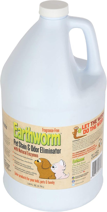 Earthworm Pet Stain Remover & Odor Eliminator- Removes Urine Smell with Natural Enzyme Formula, Fragrance Free Spray - 128 oz