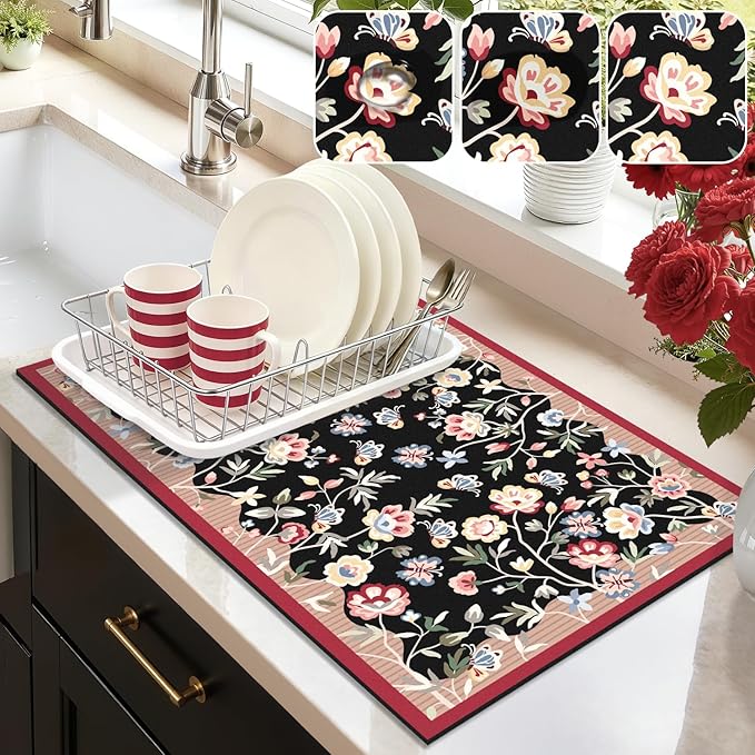 LOKHOM Floral Dish Drying Mat, 12"x20" Super Absorbent Non-slip Bordered Coffee Mat with Oil Painting Black Floral, Cuttable Hide Stain Drying Mat for Kitchen Counter Coffee Maker Espresso Machine