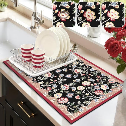 LOKHOM Floral Dish Drying Mat, 12"x20" Super Absorbent Non-slip Bordered Coffee Mat with Oil Painting Black Floral, Cuttable Hide Stain Drying Mat for Kitchen Counter Coffee Maker Espresso Machine