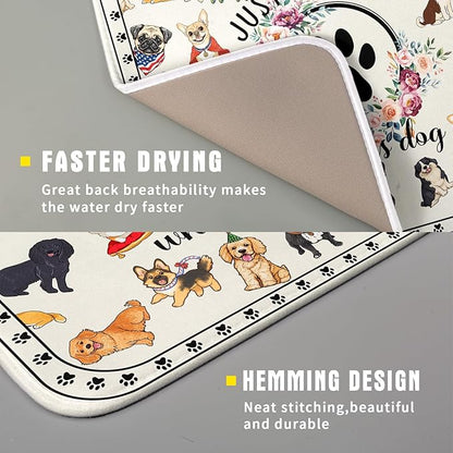 Lovely Dogs Dish Drying Mat Absorbent Printed Drying Pad for Kitchen Counter