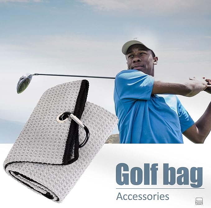 Mile High Life Tri-fold Golf Towel | 16" X 24" | Premium Microfiber Fabric | Waffle Pattern | with Heavy Duty Carabiner Clip | for Men and Women (Gray)