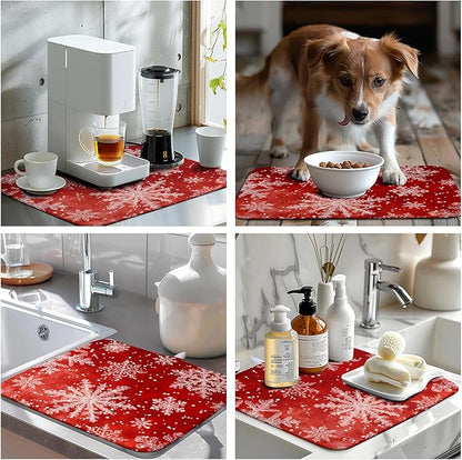 Christmas Dish Drying Mat for Kitchen Counter 16x18 Inch Red Snowflake Xmas Drying Pad Winter Holiday Dish Draining Mat Absorbent Microfiber Dish Drainer Rack Mat for Coffee Bar Kitchen